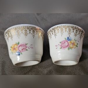 vintage salt and pepper shakers/floral with gold filigree/porcelain/Circa 1950's